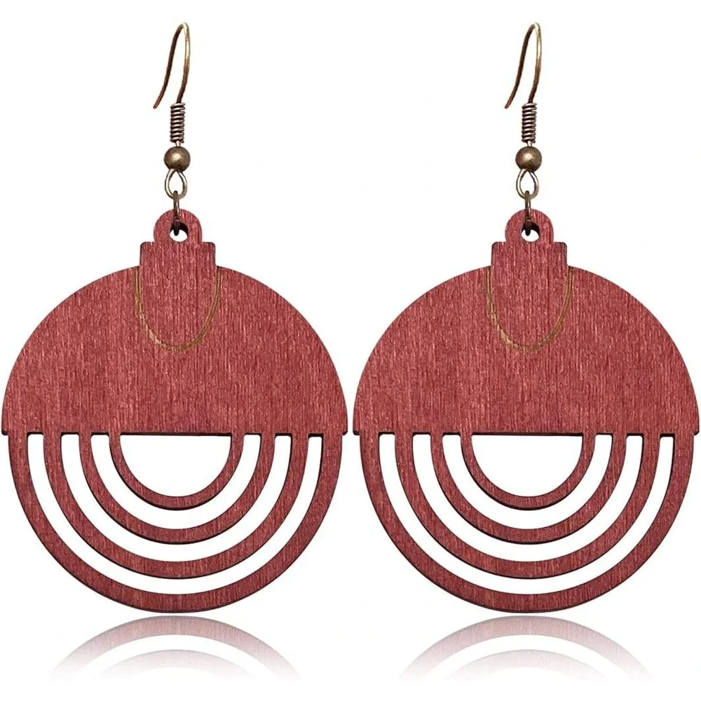 Wooden Dangle Earrings Boho Geometric Lightweight Statement Earrings